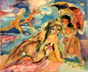 A l'ombre du Parasol (huile sur carton 38x 46 )