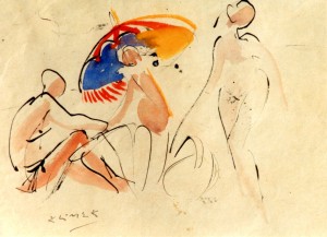 Baigneuse au Parasol (aquarelle rehaussée d'encre)