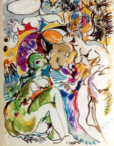 Deux Baigneuses sous les Palmiers ( aquarelle 31x24 )