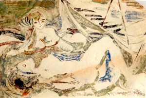 Deux jeunes filles nues sur la plage (Monotype sur marbre)