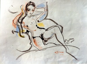 Nu allongé au coussin bleu (encre de chine & pastel 51x65) 