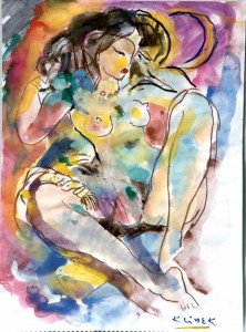 Nu assis au Clair de Lune (aquarelle 36x 26 )