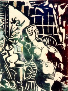 Nu assis au bouquet (gravure sur bois)