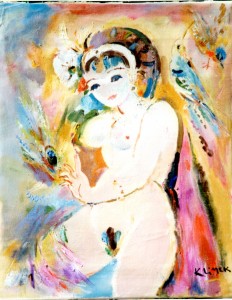 Nu aux Oiseaux et à la plume de Paon(hst 81x65) Exosé à New York en 1987