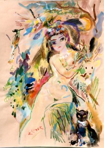 Nu parmi les animaux (aquarelle gouachée et pastel 65x49,5)