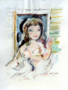 Nu à la Fenêtre aux deux Colomes (aquarelleet huile 65x50)