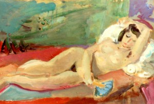 Odalisque à l'éventeil bleu (huile sur carton)